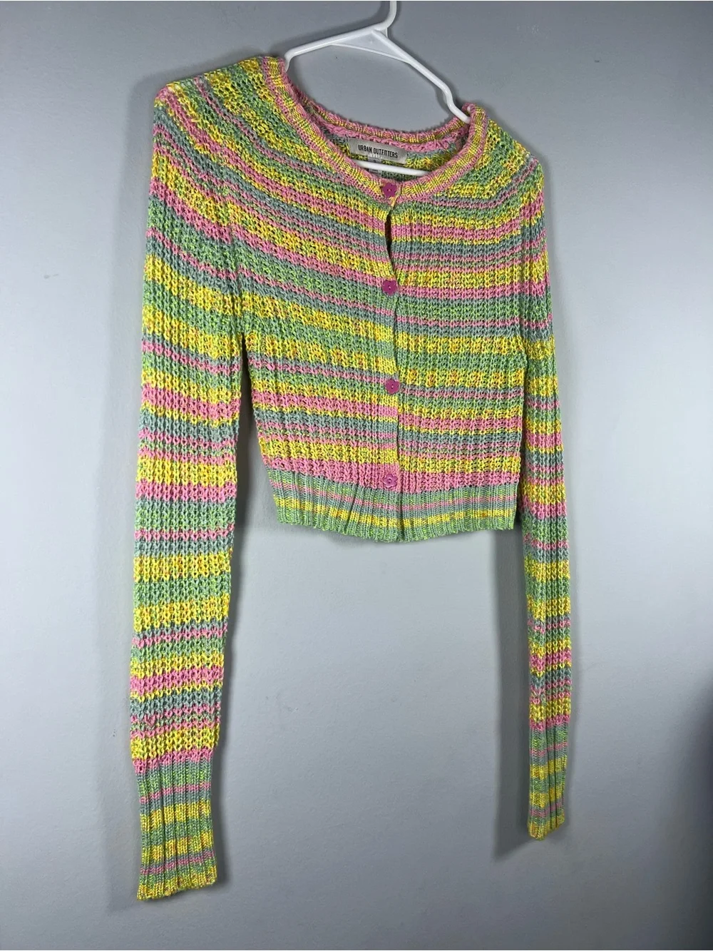 Urban Outfitters Striped Pastel Mini Cardigan Flower Buttons Small